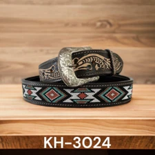 Western Rodeo Multicolor Tooled Leather Belt Floral Billet Size 36 40 42