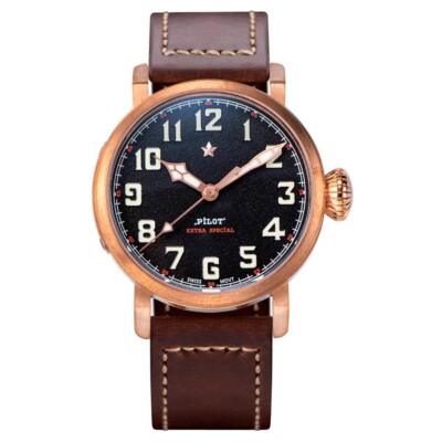 Montre Sugess Pilot S408 Automatique - Boîtier Bronze 42mm, Cadran Noir, Bracelet Cuir, Neuve Avec étiquettes