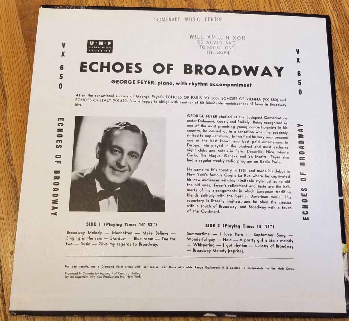 【中古】 Echoes of Broadway Houston VINYL RECORD~1954~GEORGE FEYER~ECHOES OF BROADWAY~VX650~NO