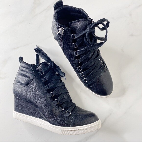 Linea Paolo Black Leather Lace Up Wedge Sneakers Size 7.5 ...