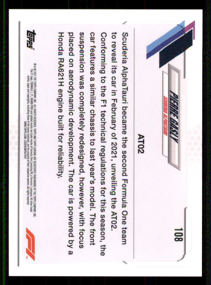 2021 Topps Chrome Formula 1 #108 Pierre Gasly/F1 Cars - Image 2 of 2