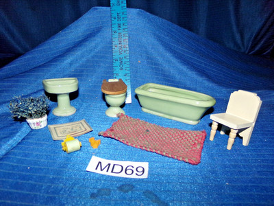 Vintage Dollhouse Doll House Lot: 1920s MIJ Green Bathroom, Strombecker Acc MD69