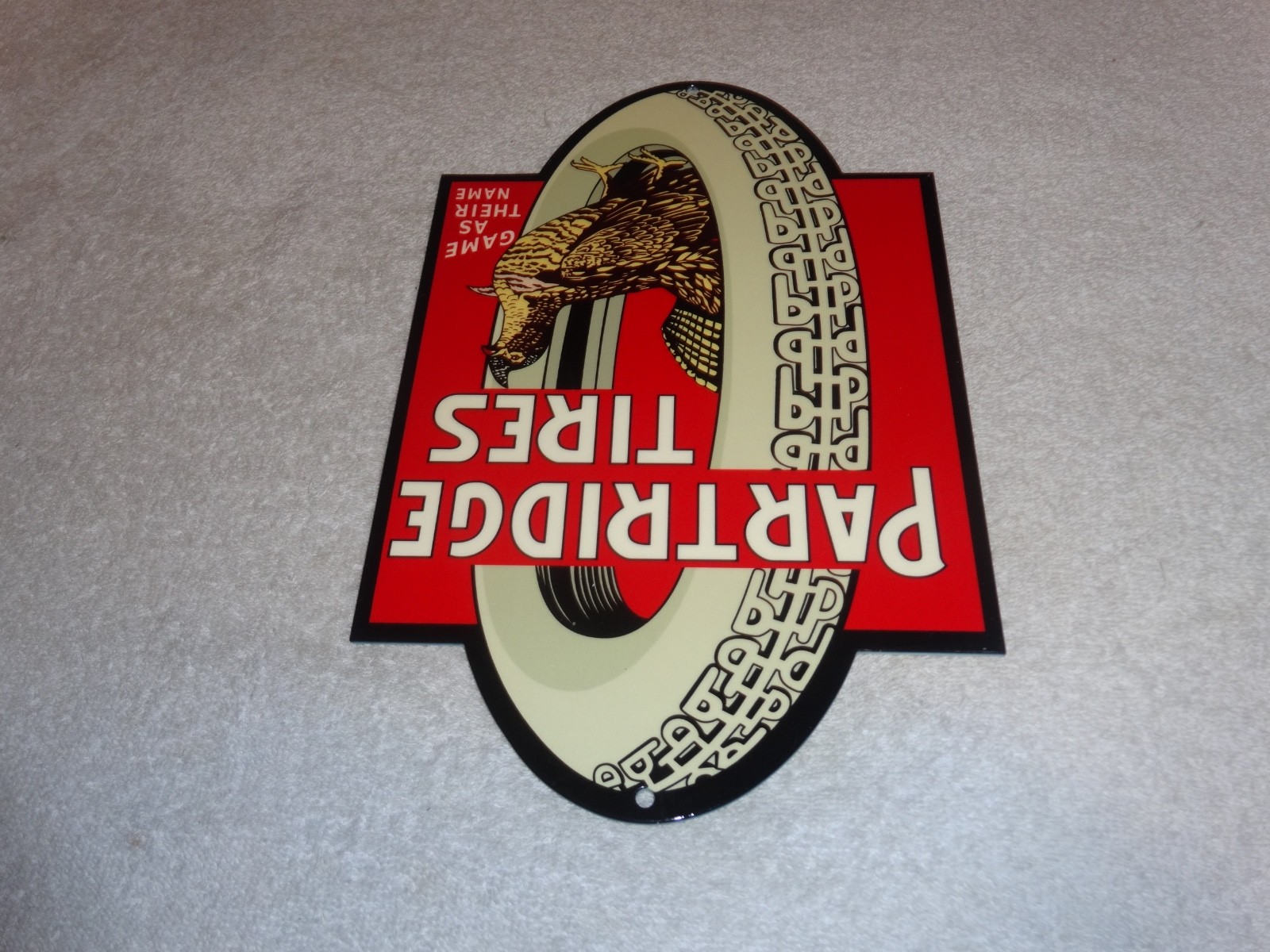 VINTAGE "PARTRIDGE TIRES" W/ HEN / ROOSTER 12" METAL TIRE GAME GASOLINE OIL SIGN