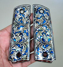 1911 Grips Full Size Fit COLT S W Ruger Taurus Mother of Pearl Blue Flower Draw