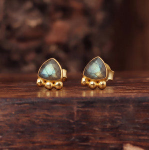 Authentic Labradorite Gemstone Gold Plated Studs Handmade Dainty Women's Labradorite Studs