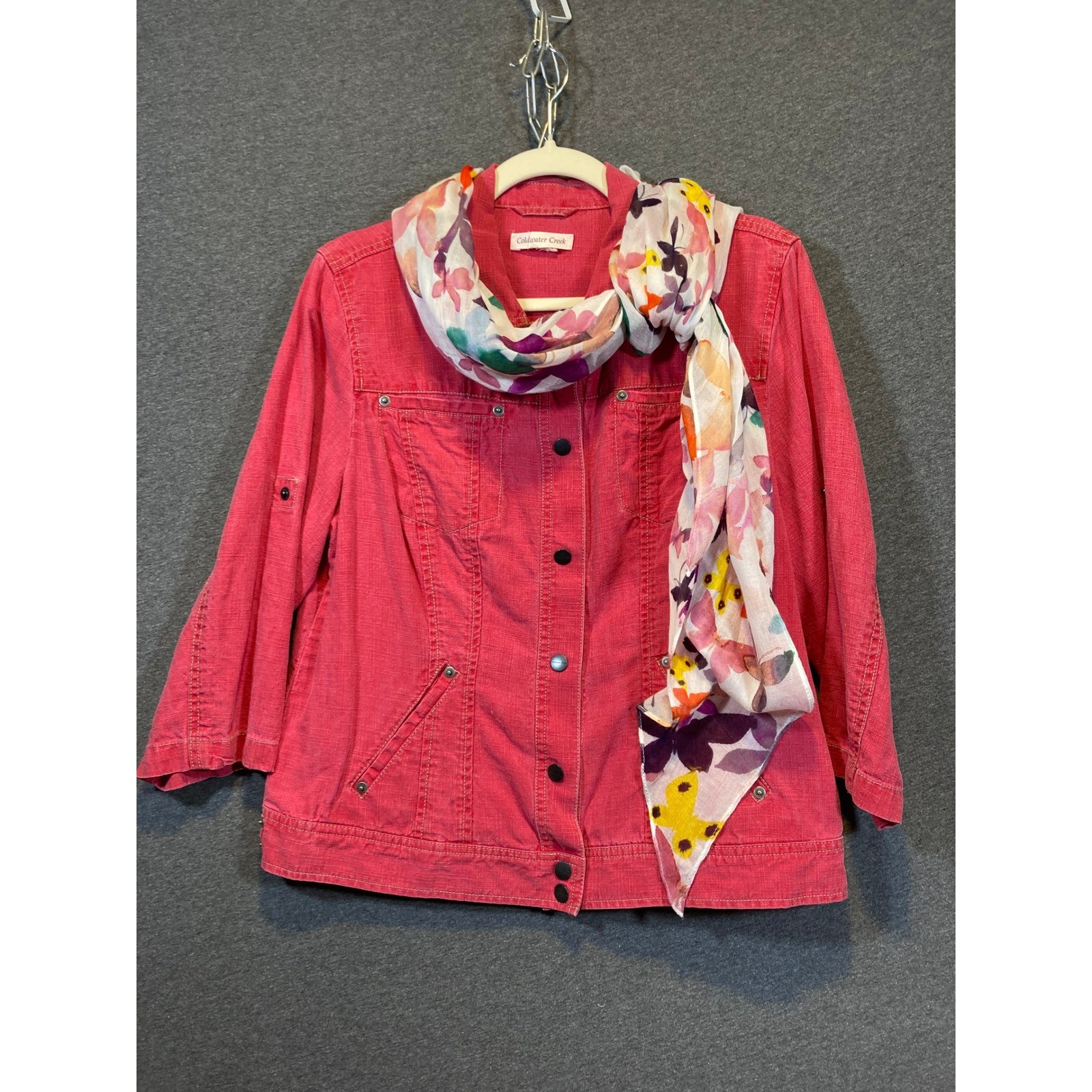 Coldwater Creek Womens Pink Tencel Linen Utility Jacket with Floral Scarf XL