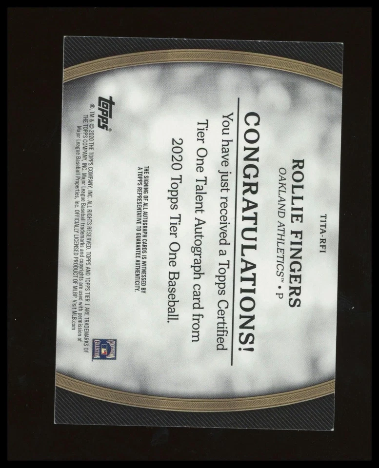 2020 TOPPS TIER ONE TALENT ROLLIE FINGERS #T1TA-RF1 /299 AUTO - Image 2 of 2