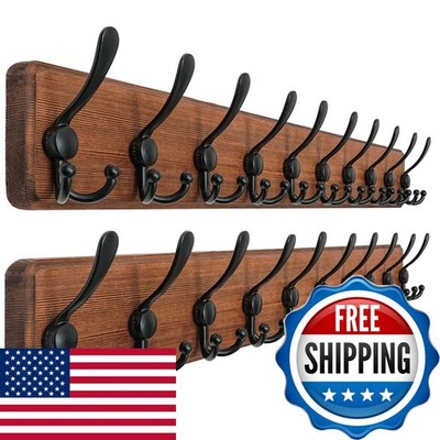 Dseap Coat Rack Wall 38-1/4'' Long 10 Tri-Hooks Solid Wood Natural & Black 2-Pack
