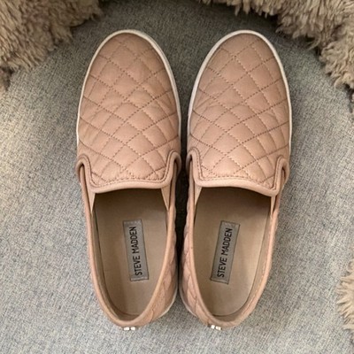 Steve Madden Quilted Slip-On Flat Beige Women's Faux Leather Casual Shoes