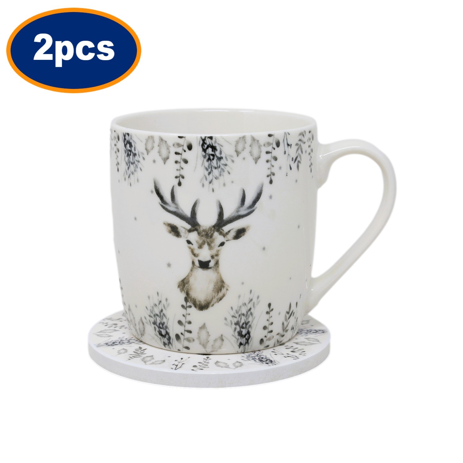 Mug & Coaster Set Harvey & Mason Christmas Silver Deer New Fine China Cup 2Pcs
