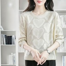 Lady Knitted Sweater Jumper Round Neck Long Sleeve Hollow Out Pullover Tops Soft