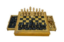 Vintage Oak Chess Checkers Tabletop Game Board Set w/ Storage Drawers 14"