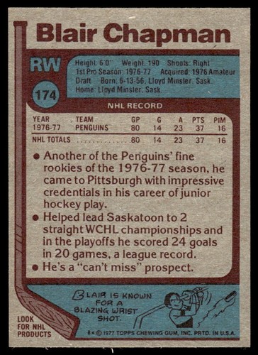 1977-78 Topps #174 Blair Chapman RC Pittsburgh Penguins NM - Picture 2 of 2