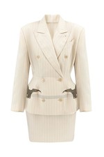 Jean Paul Gaultier SS88 Pinstripe Tailored Skirt Suit with Lace Eagle Appliqu