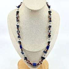 VTG Y2K Artisan Glass Beaded Necklace Blue Red Sodalite Chip Stone Multi-Color