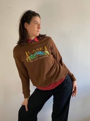 Sweater Vintage 90s Brown Front Stitch Graphic Unisex   M