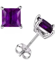 Solid 925 Sterling Silver Square Cut Purple Cubic Zirconia Silver Stud Earrings