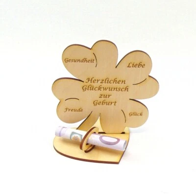 HOLZTEILCHEN KRUKOW Zur Geburt, Geldgeschenk Geldscheinhalter Holz 11 cm Kleeblatt, Baby