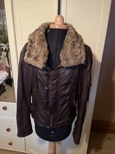 Firetrap Cody Ladies Dark Brown Genuine Leather Fur Collar Biker Jacket Size L