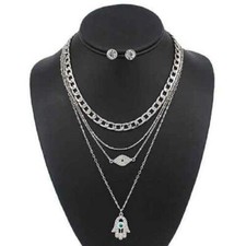 4 LAYER SILVER RHINESTONE EVIL EYE NECKLACE SET  5095 