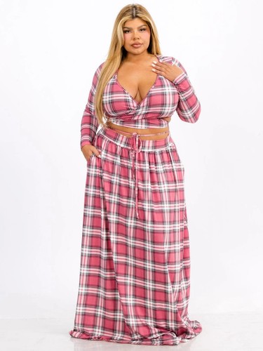 Womens Plus Size Mauve Pink Plaid Crop Top and Maxi Skirt Set 3X Pockets - Picture 2 of 3