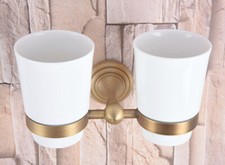 A pair Ceramic Cups Bathroom Wall Mounted Antique Brass Toothbrush Holder 2ba736