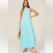 Trina Turk Sunglasses Gingham Maxi Dress Cotton Blue Size Medium High Neck Flaw