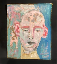 Original Outsider Art Bald Man Naive Primitive Portrait Painting Pale Pink
