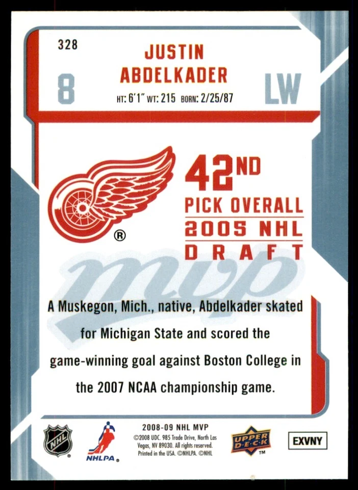 2008-09 Upper Deck MVP Justin Abdelkader RC #328 - Image 2 of 2