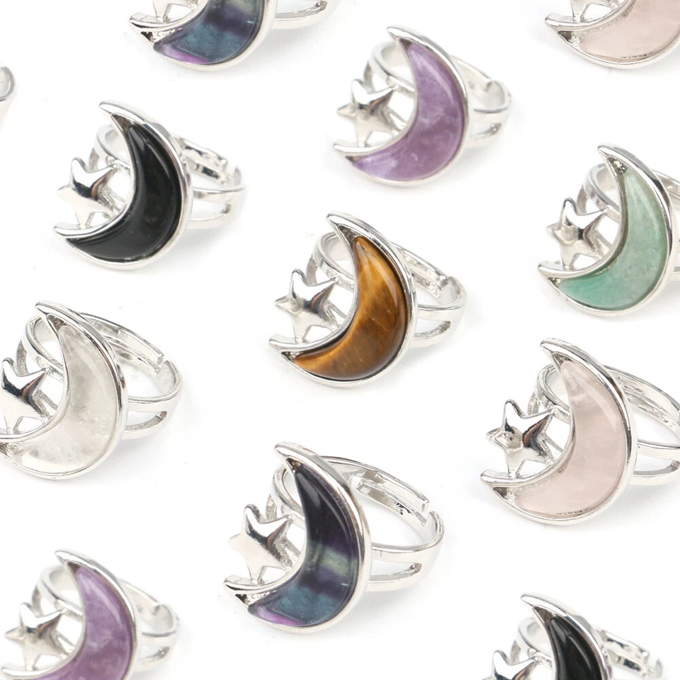 Open Crescent Moon Star Adjustable Ring Gemstone Finger Rings Party Jewelry Gift - Image 2 of 4