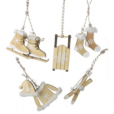 Set Of 5 Wooden Ski Christmas Tree Decorations Sledge Boots Ice