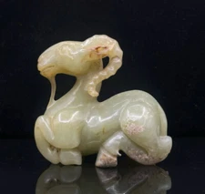 3" Old Chinese Hetian Jade Nephrite Carved Fengshui 12 Zodiac Year Sheep Statue