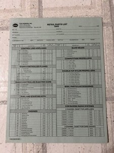JANUARY 1985 COX THIMBLE DROME GAS POWERED PRODUCTS CHECK LIST/ORDER BLANK