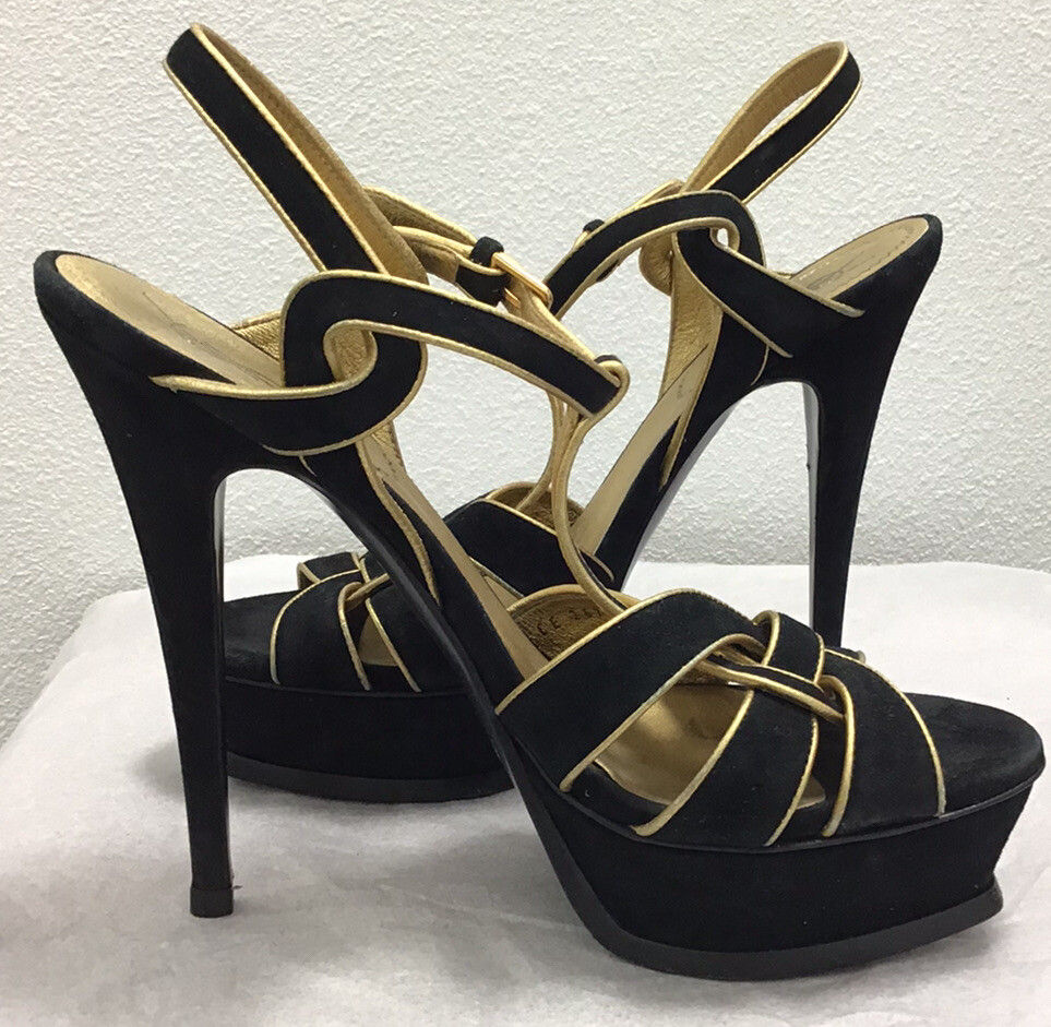 SAINT LAURENT YSL sandalo punta aperta stiletto plateau omaggio bordo oro nero tacco 39