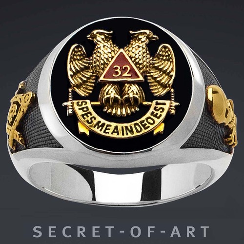 Masonic Ring Freemason Scottish Rite AASR 32nd Mason 925 Silver 24K-Gold-plated - Picture 11 of 12
