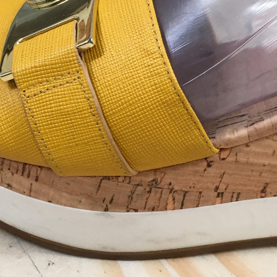 Michael Kors Sandals Womens 8 M Warren Slide Yellow Leather Slip On Wedge Heels - Image 4 of 4