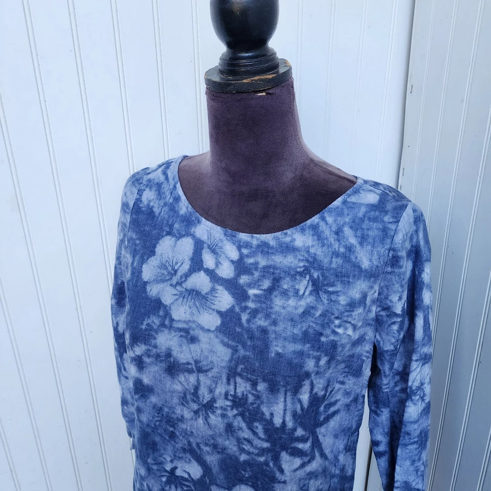 J Jill 3/4 Sleeves 100% Linen Shift Dress Blue Hawaiian Tropical Palm Floral 4 - Image 3 of 4