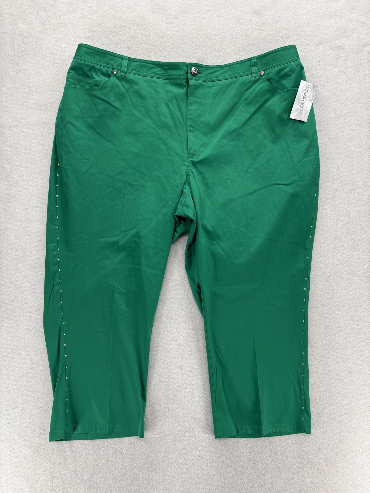 Catherines Capri Pants Womens 24W Green Rhinestone Stretch Elastic Waist Casual
