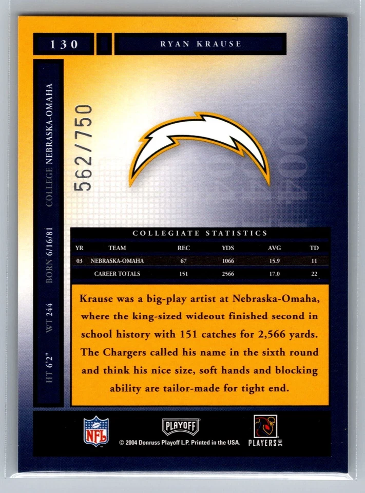 2004 Playoff Honors #130 Ryan Krause #/750 - Image 2 of 2