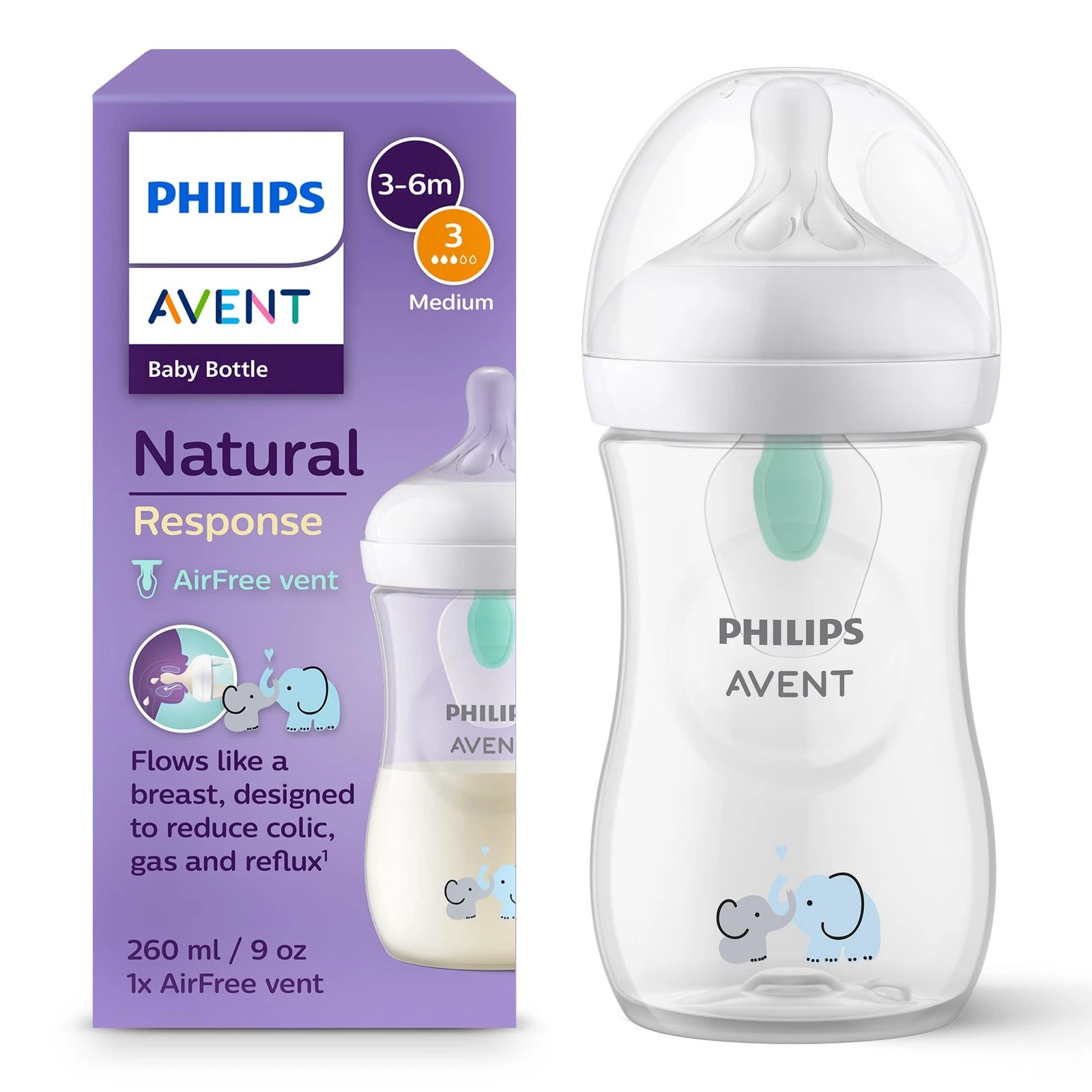 Avent Natural Response Baby Bottle - 260ml Baby Milk Bottle with AirFree