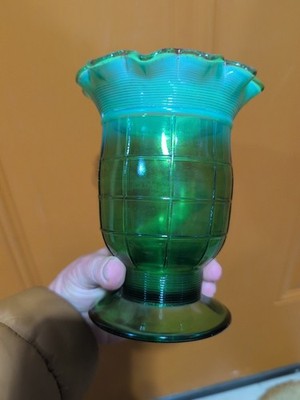 Jefferson Block Pattern Green Opalescent Glass 6'' Celery Vase Excellent Cond