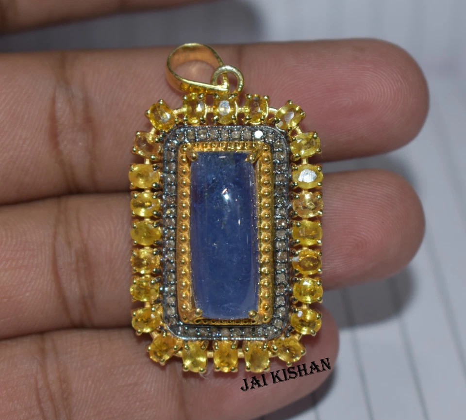 Vero Tanzanite Giallo Zaffiro Gemma 925 Argento Sterling Pavè Diamante Ciondolo - Immagine 4 di 4
