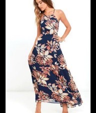 Lulus Maxi Dress Adventure Seeker Blue Floral Strappy Back Dress Womens M NEW