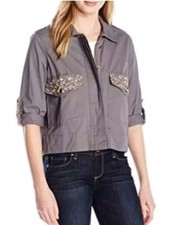 DEMOCRACY Twill Embroidered Pocket Military Crop Jacket Roll-Tab Sleeves Size XL