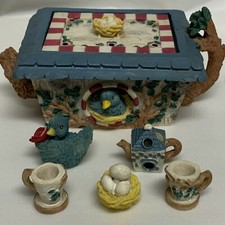 Miniature Tea Set Blue Bird Nesting Theme Poly Resin Preowned