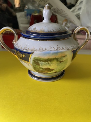 Antique Vtg NIAGARA FALLS NY Porcelain Souvenir Gold Trim Sugar Bowl - Picture 3 of 5