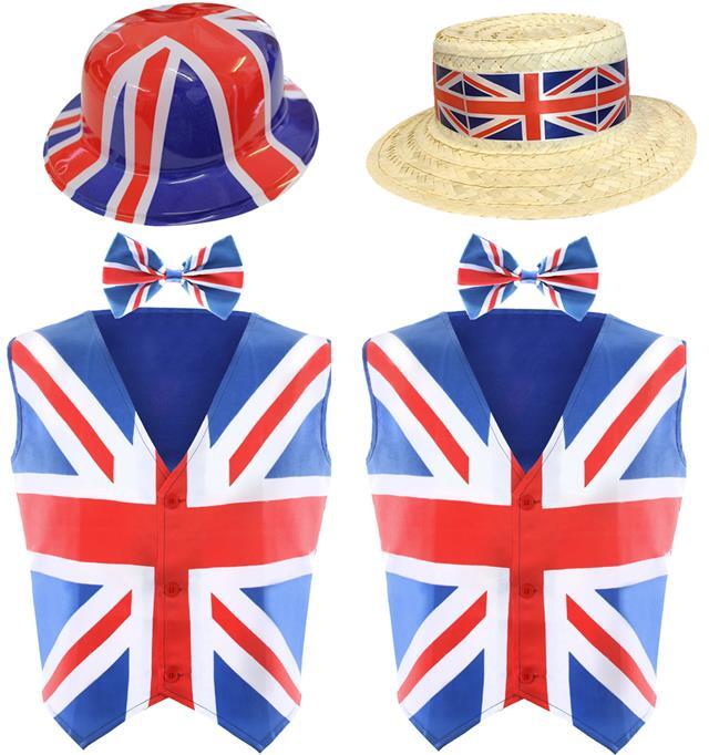 UNION JACK WAISTCOAT, HAT BOWTIE ROYAL VE DAY STREET PARTY FANCY DRESS