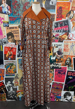 Vtg 60s-70s Rust Orange Navy Geometric Mod Shirtwaist Maxi Dress Sz Small