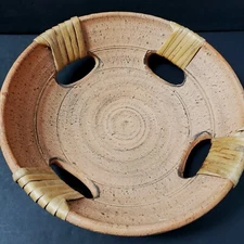 Vintage Bowl Earthy Rustic Clay Woven Wrapped Cutouts Primitive Texture 11"