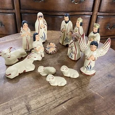 Vtg Mexican Tonala Pottery Folk Art 14 Piece Nativity Set Creche Christmas